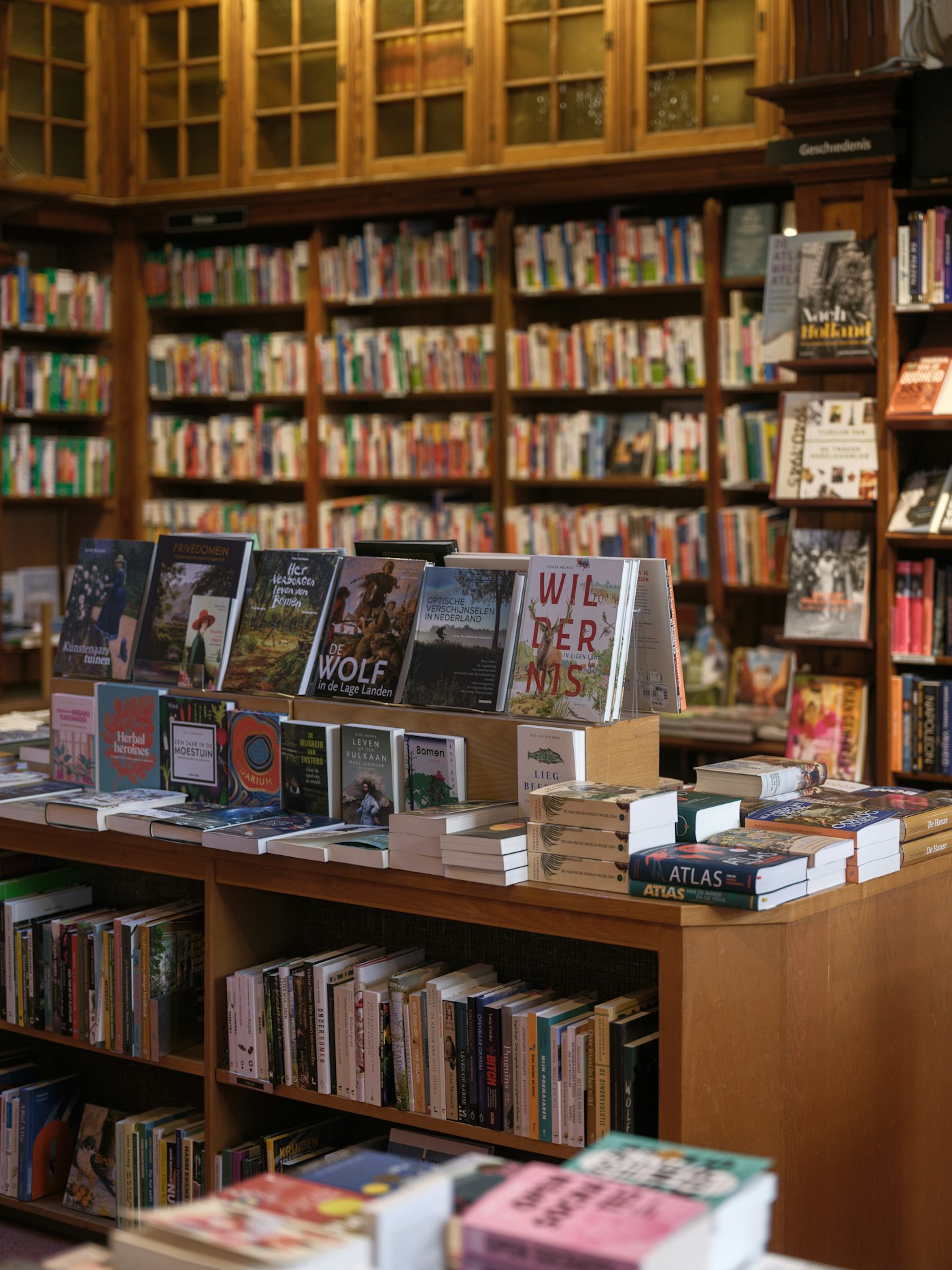 Livraria com estantes de madeira até o teto e mesas de lançamentos