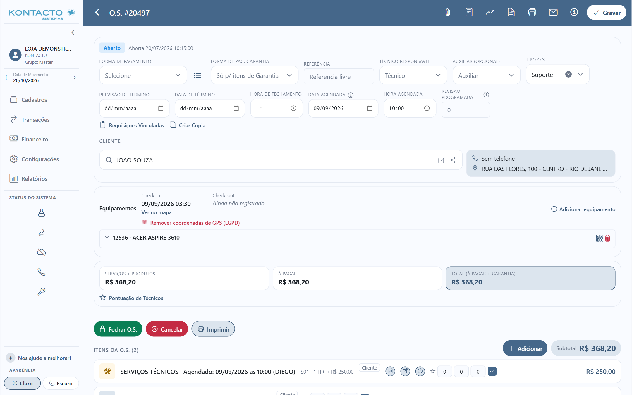 O.S. ASSISTÊNCIA TÉCNICA, campos "Data Agendada" e "Hora Agendada": O.S. com técnico responsável, data e hora agendadas preenchidas.