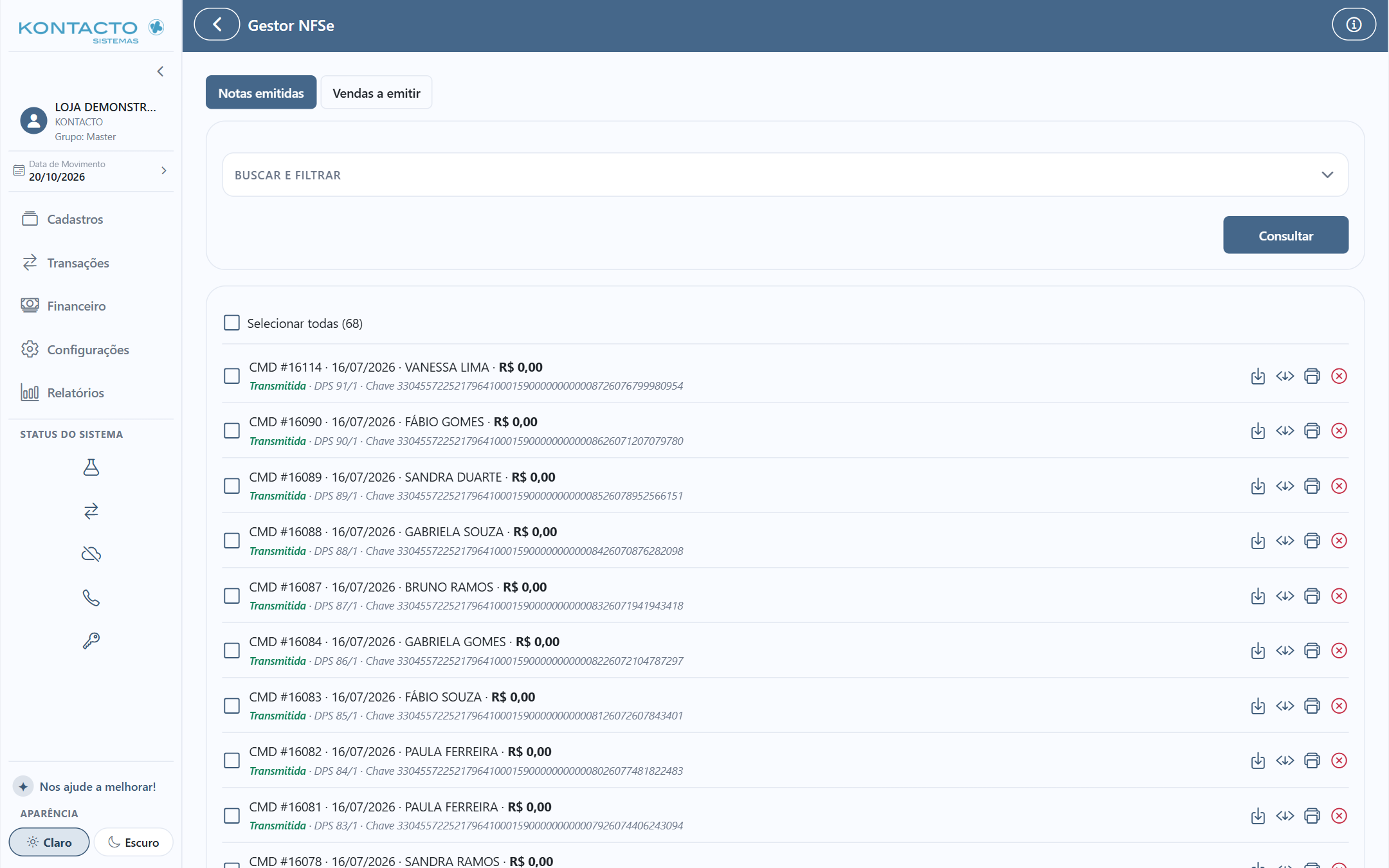 Gestor NFSe: 6 vendas do faturamento marcadas para emitir em lote, com cliente e valor.